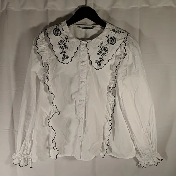 Zara Tops Zara Embroidered Floral White Dress Shirt Buttonup